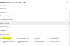 Colonne niveau de qualité dans Google Ads